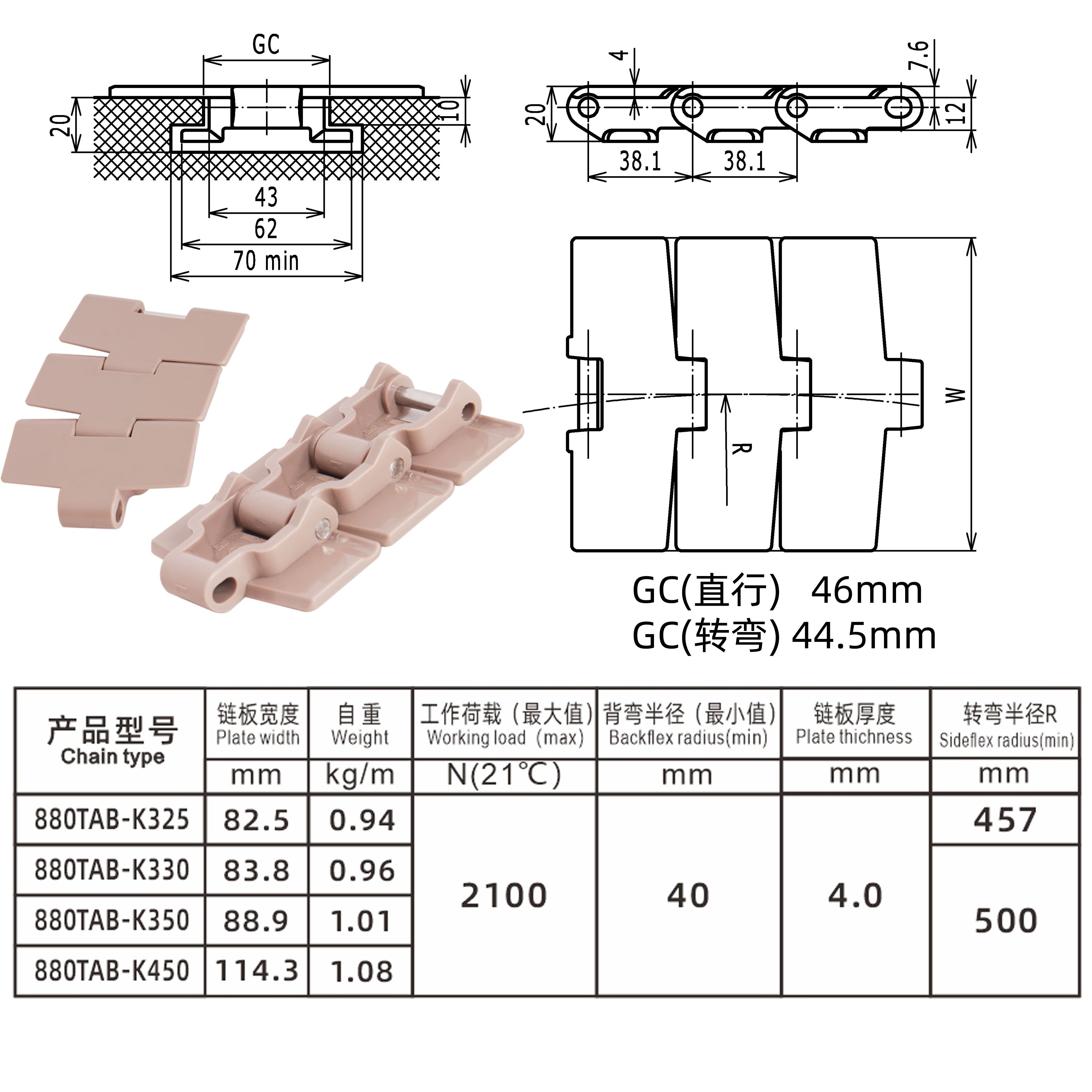 Plastic Radius Chain 880 Bevel Table Top Conveyor Chain (8)